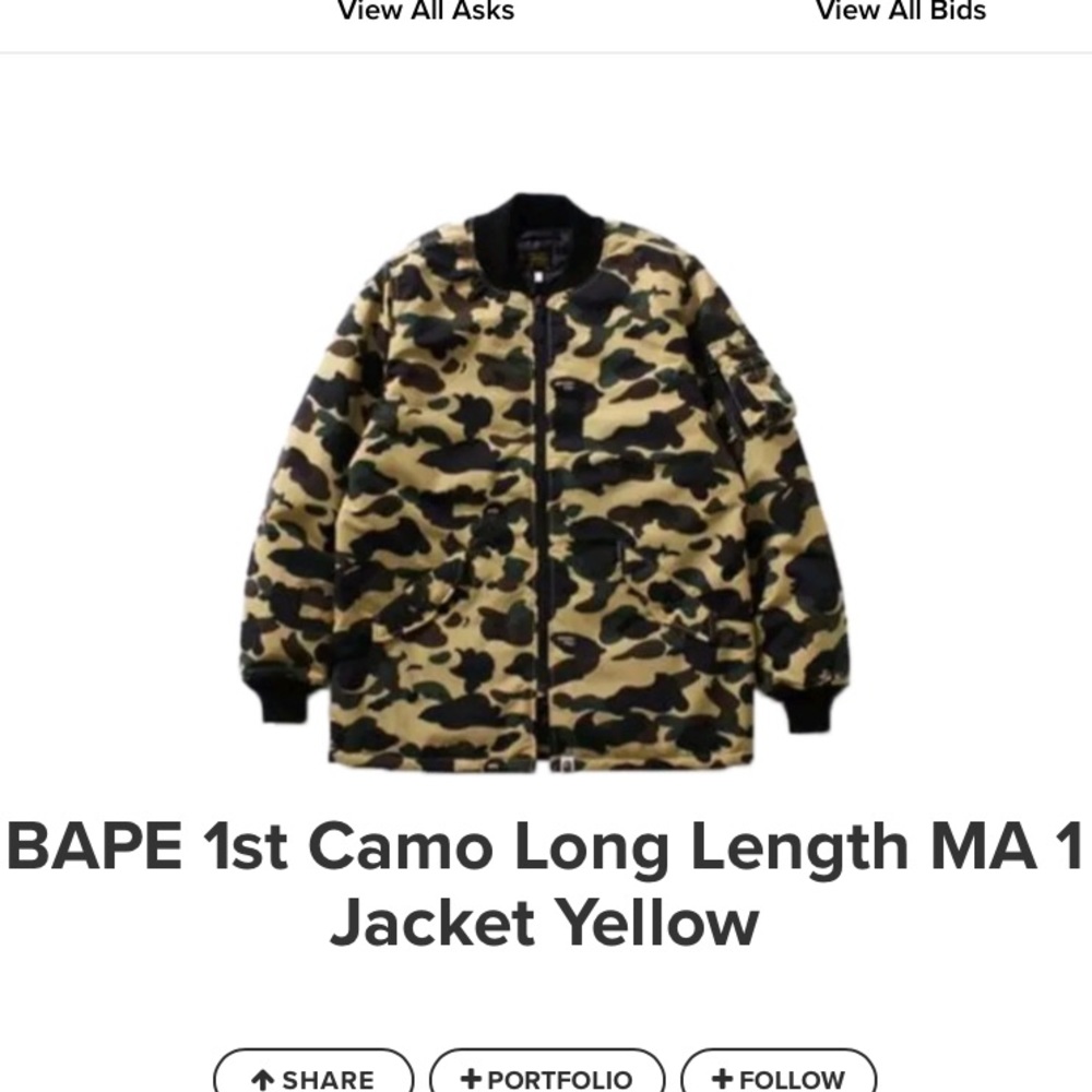 BAPE 1st Camo Long Length MA 1 Jacket Yellow